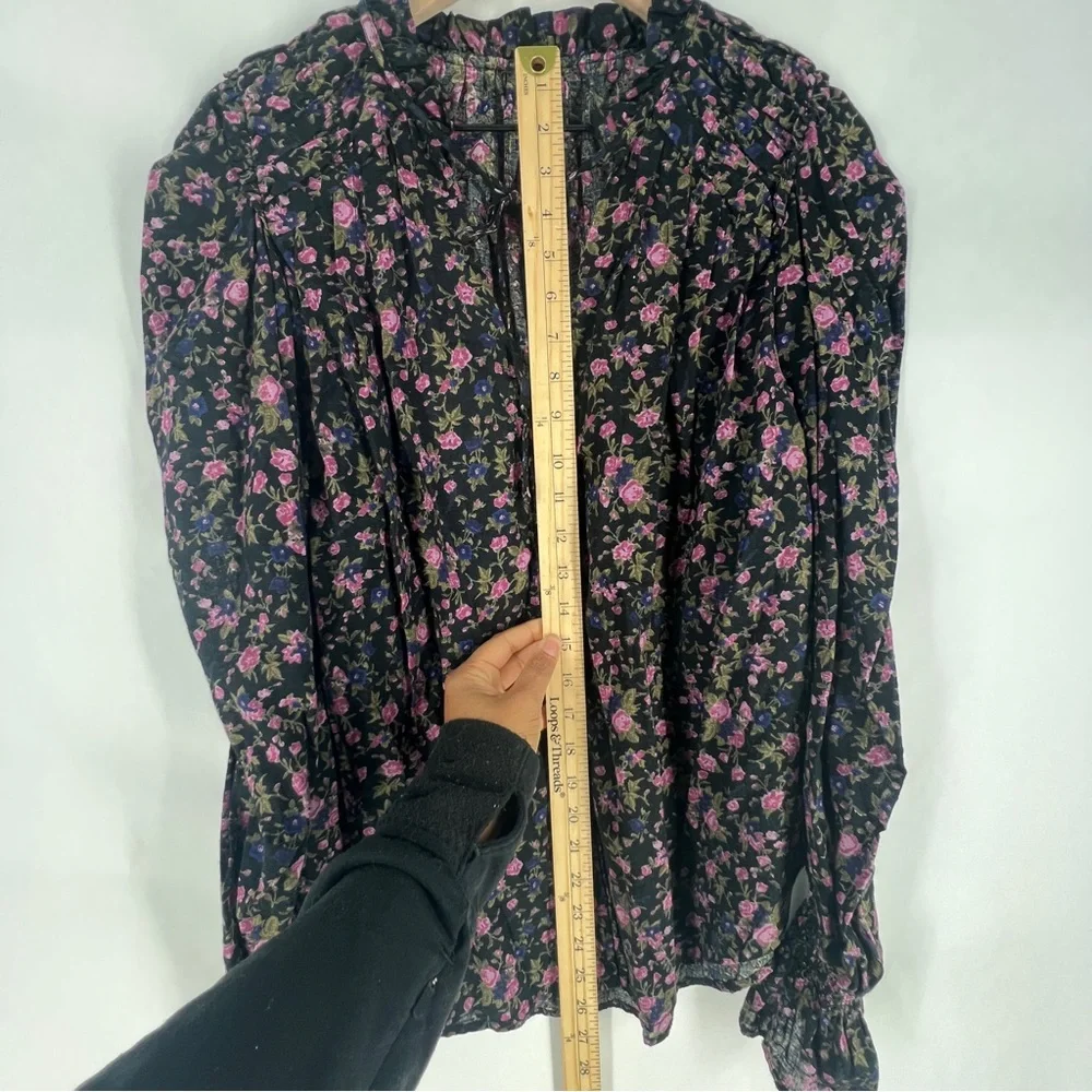 Free People Meant To Be Black Floral Print‎ Full Mutton Sleeve Peasant Blouse M